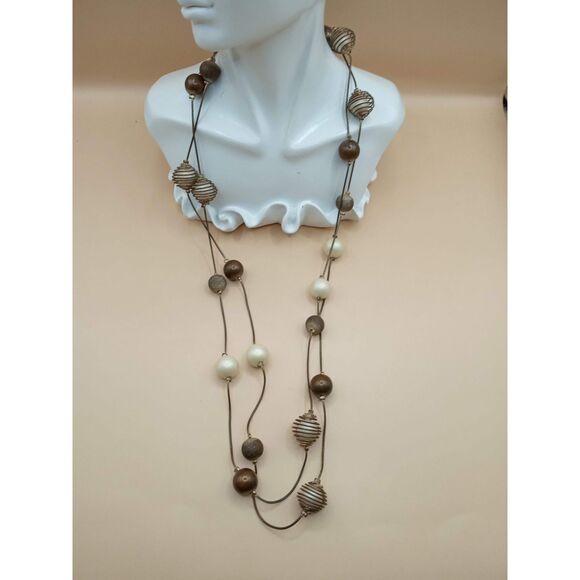 Vintage Lucite Wire Wrapped Beads Faux Pearls on Snake Chain Necklace - Picture 1 of 7